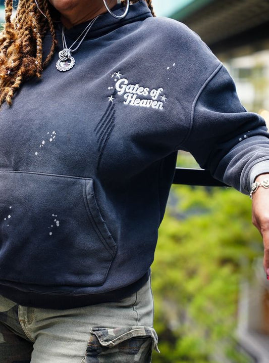 Men’s Black Vintage Wash Distressed Embroidered Hoodie